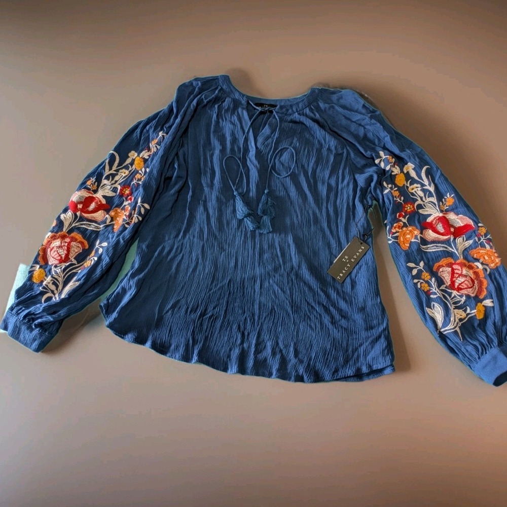 Tracy Evans Boho Embroidered Peasant Blouse Royal Blue Floral M RN119794